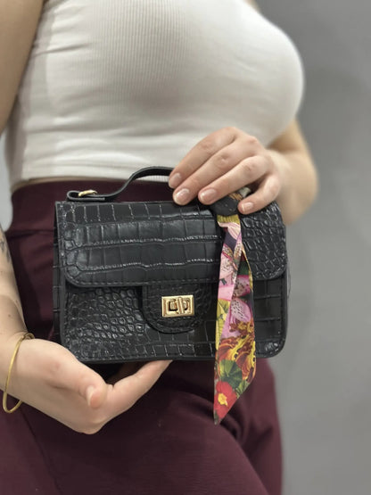 Kadın Kroko Desen Mini El Çantası – Siyah