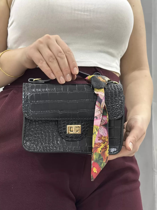 Kadın Kroko Desen Mini El Çantası – Siyah