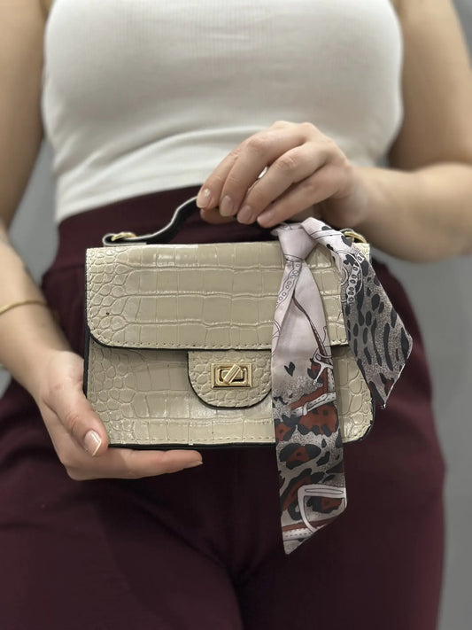 Kadın Kroko Desen Mini El Çantası – Krem