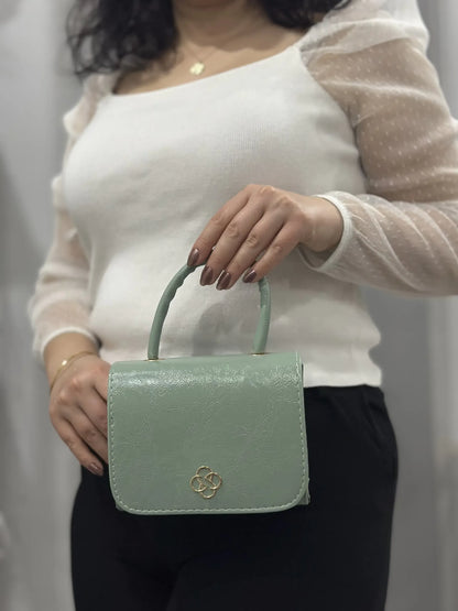 Parlak Rugan Mini Çanta - Gold Zincirli ve Saplı | Su Yeşili