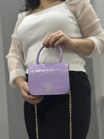 Parlak Rugan Mini Çanta - Gold Zincirli ve Saplı | Mor/Lila Rengi