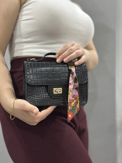 Kadın Kroko Desen Mini El Çantası – Siyah