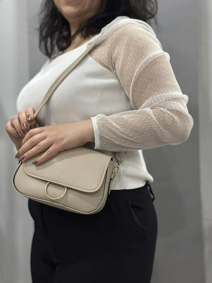 Gold Halka Detaylı Şık Çapraz Çanta - Minimal ve Zarif | Bej Rengi