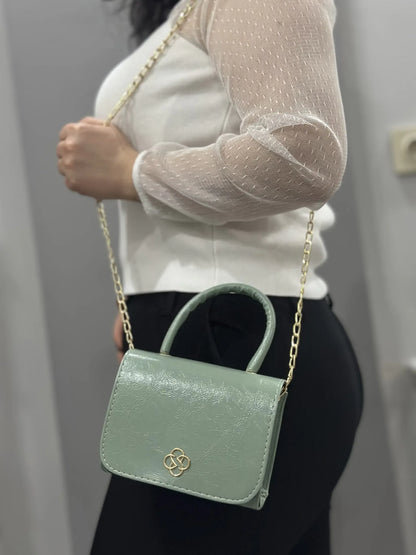 Parlak Rugan Mini Çanta - Gold Zincirli ve Saplı | Su Yeşili